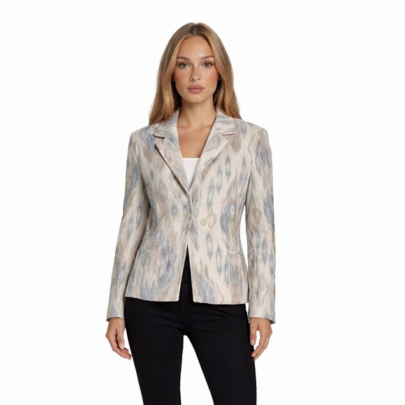 Chico's Jackets & Blazers - Chicos Blazer Jacket Women's.Size 2 US Large Blue Tan Ikat Open Front Woven